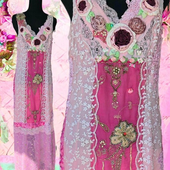 One-of-a-Kind Rose Garden Slip Dress - Vintage Lace & Embroidered Chiffon - Picture 1 of 11